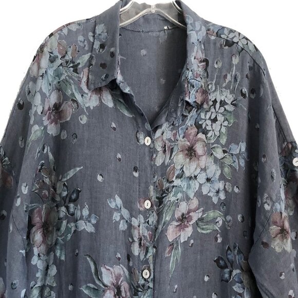 Italian Blue Floral Linen Duster Jacket Button  Front Size XL-1X - Picture 2 of 8